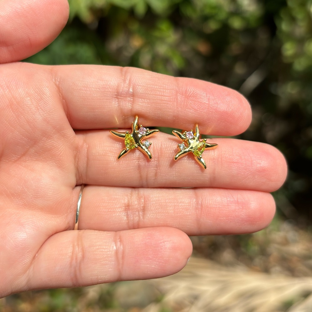18K Gold Plated Stainless Steel Diamond Starfish Stud Earrings